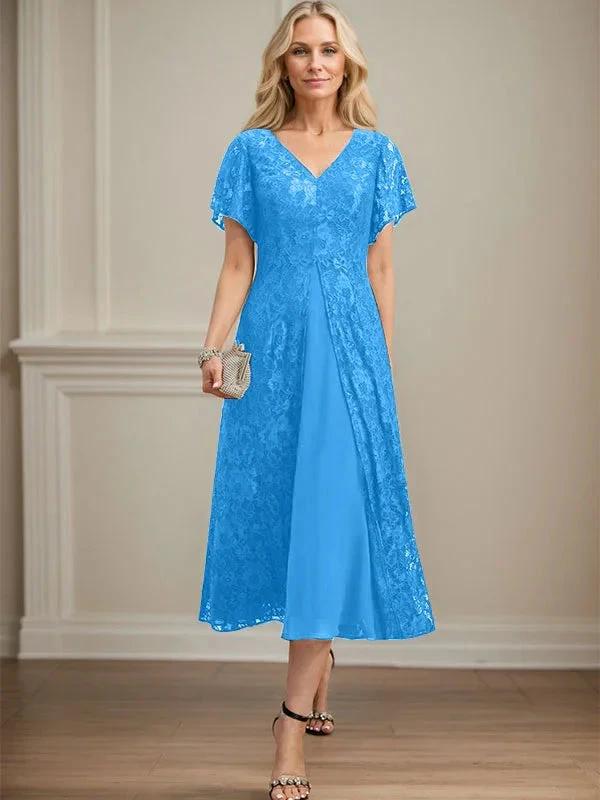 A-line V-Neck Tea-Length Lace Chiffon Mother of the Bride Dress - Image 10