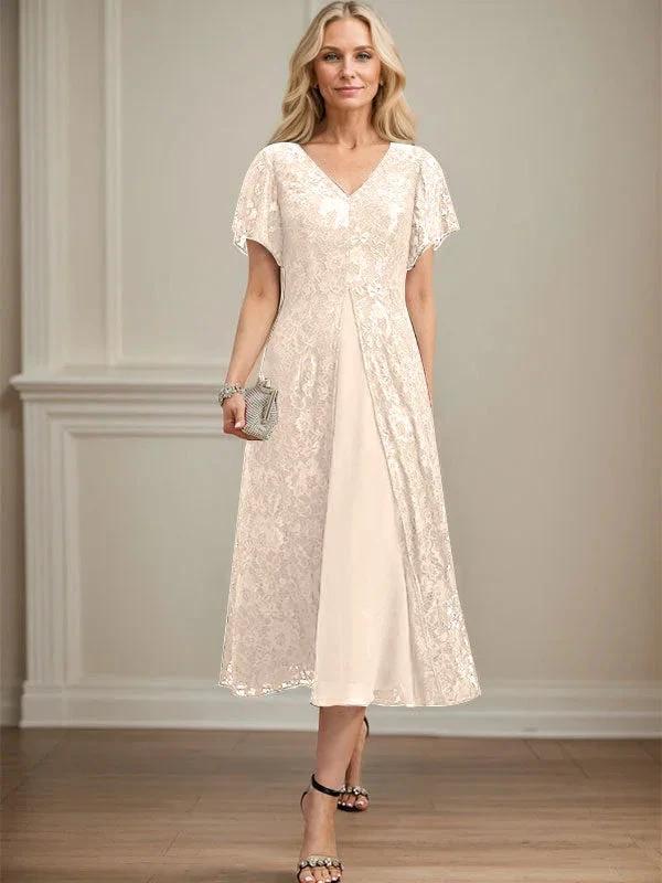 A-line V-Neck Tea-Length Lace Chiffon Mother of the Bride Dress - Image 11