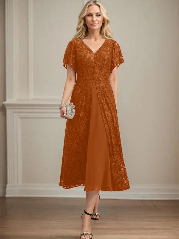 A-line V-Neck Tea-Length Lace Chiffon Mother of the Bride Dress - Image 12