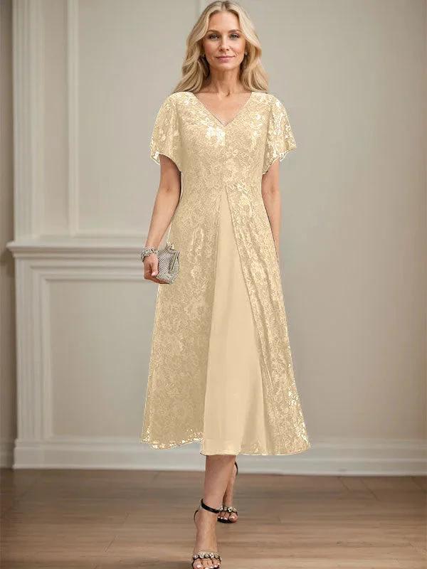 A-line V-Neck Tea-Length Lace Chiffon Mother of the Bride Dress - Image 13