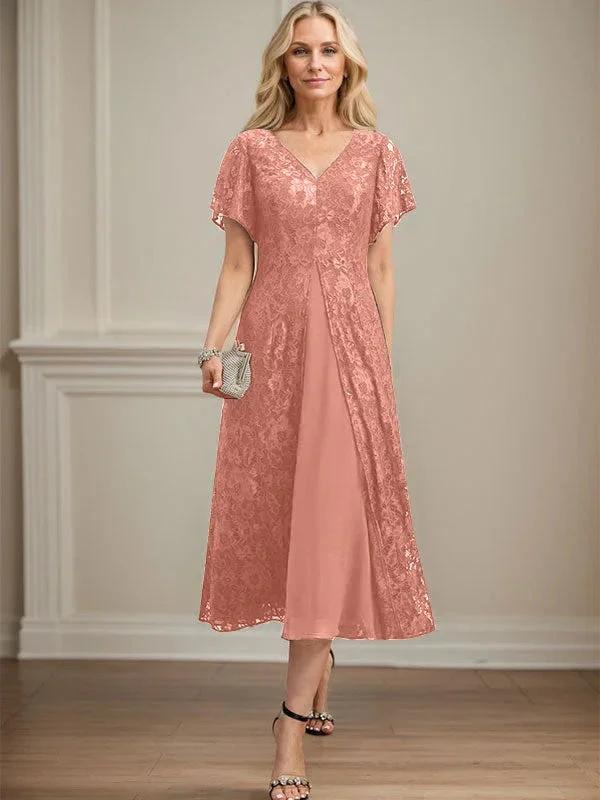 A-line V-Neck Tea-Length Lace Chiffon Mother of the Bride Dress - Image 14