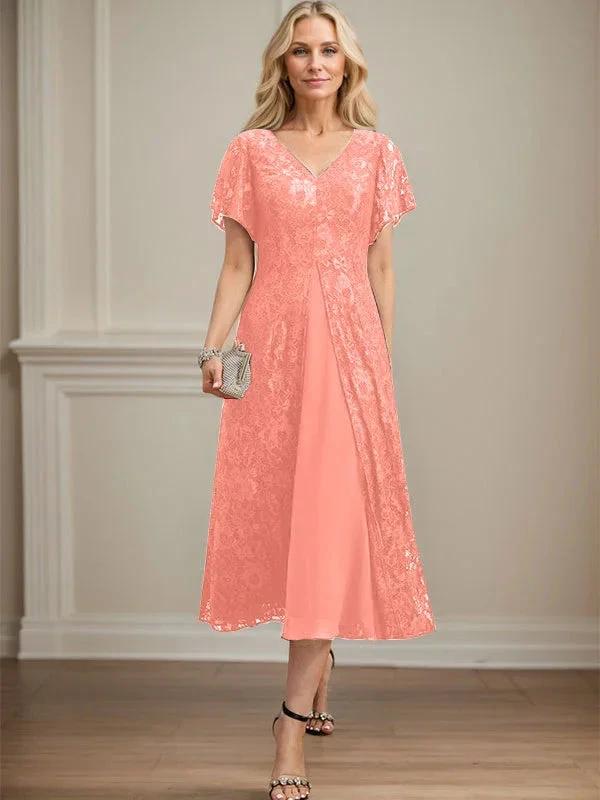 A-line V-Neck Tea-Length Lace Chiffon Mother of the Bride Dress - Image 15