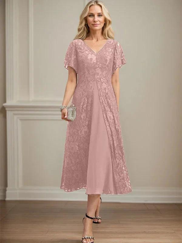 A-line V-Neck Tea-Length Lace Chiffon Mother of the Bride Dress - Image 16