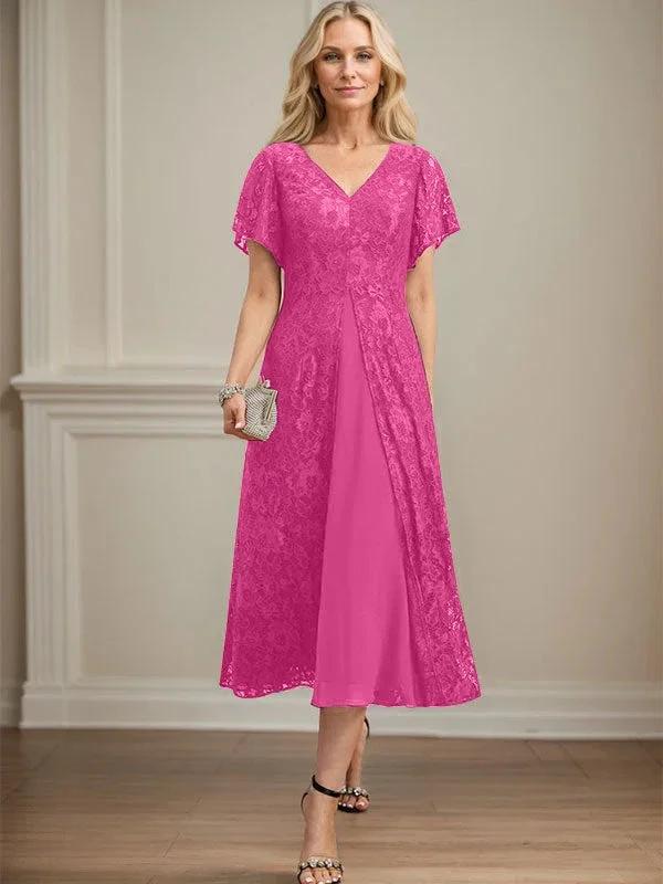 A-line V-Neck Tea-Length Lace Chiffon Mother of the Bride Dress - Image 17