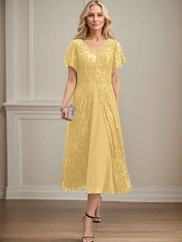 A-line V-Neck Tea-Length Lace Chiffon Mother of the Bride Dress - Image 18