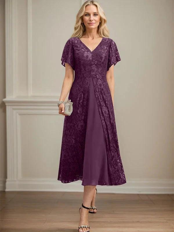A-line V-Neck Tea-Length Lace Chiffon Mother of the Bride Dress - Image 19