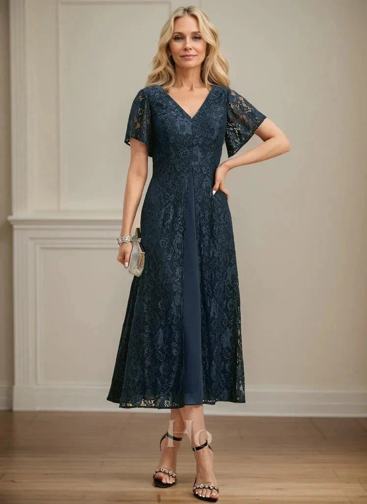 A-line V-Neck Tea-Length Lace Chiffon Mother of the Bride Dress - Image 2