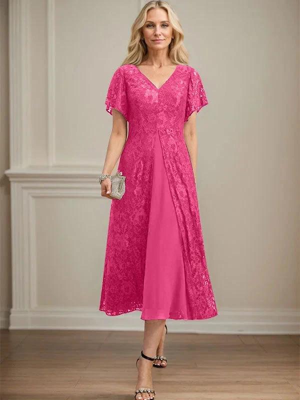 A-line V-Neck Tea-Length Lace Chiffon Mother of the Bride Dress - Image 20