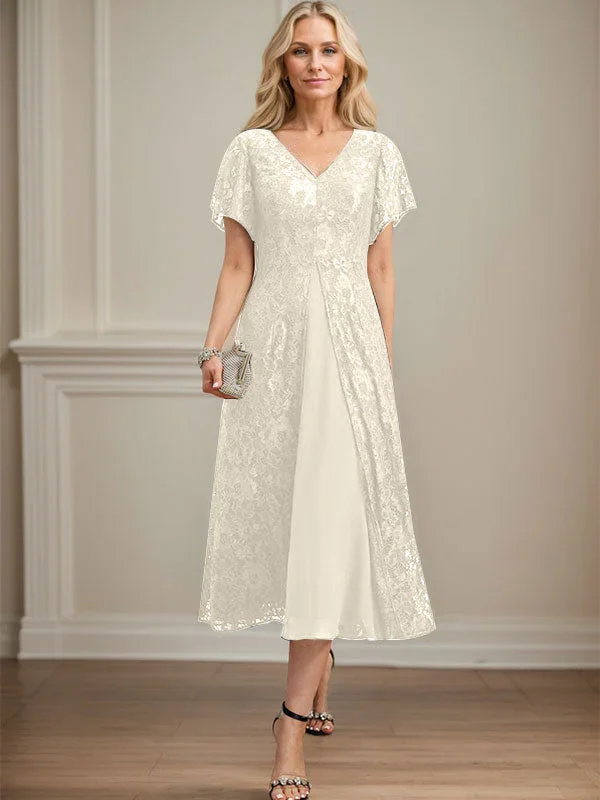 A-line V-Neck Tea-Length Lace Chiffon Mother of the Bride Dress - Image 21