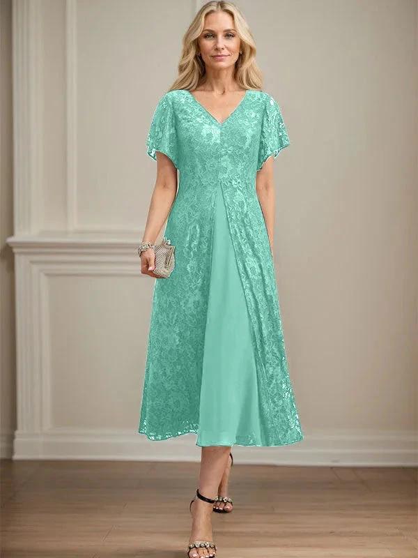 A-line V-Neck Tea-Length Lace Chiffon Mother of the Bride Dress - Image 22