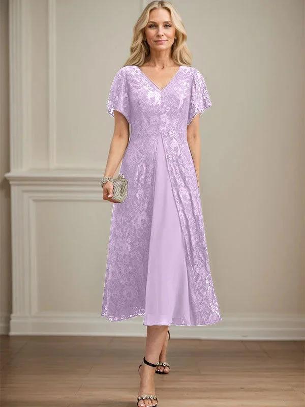 A-line V-Neck Tea-Length Lace Chiffon Mother of the Bride Dress - Image 23