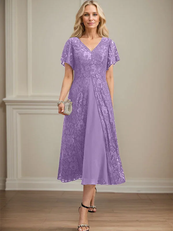 A-line V-Neck Tea-Length Lace Chiffon Mother of the Bride Dress - Image 24