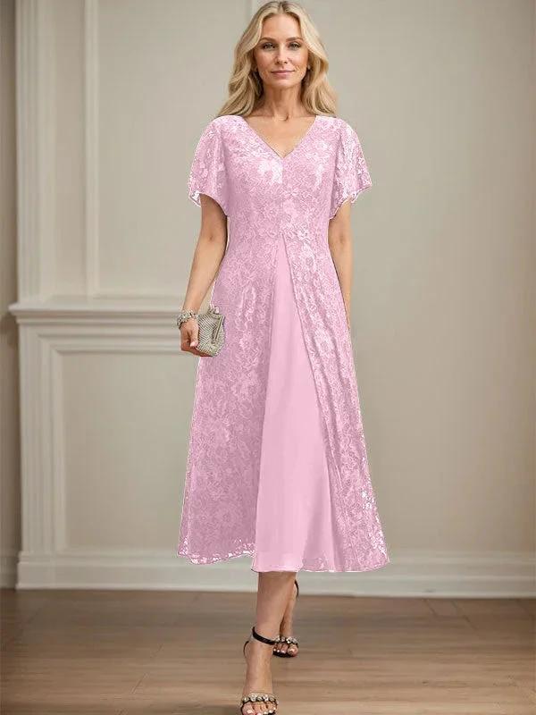 A-line V-Neck Tea-Length Lace Chiffon Mother of the Bride Dress - Image 25