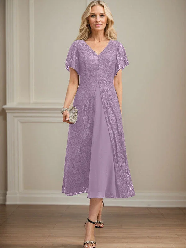 A-line V-Neck Tea-Length Lace Chiffon Mother of the Bride Dress - Image 26