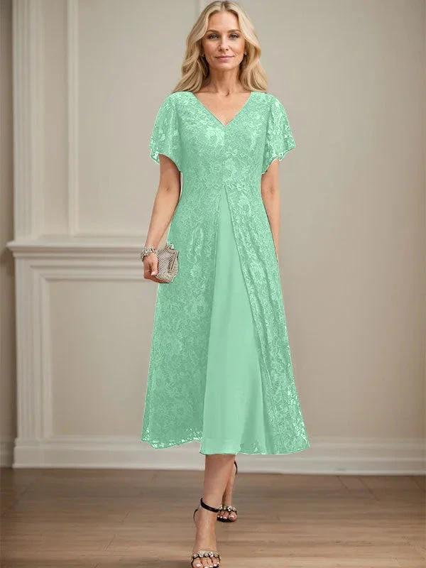 A-line V-Neck Tea-Length Lace Chiffon Mother of the Bride Dress - Image 27