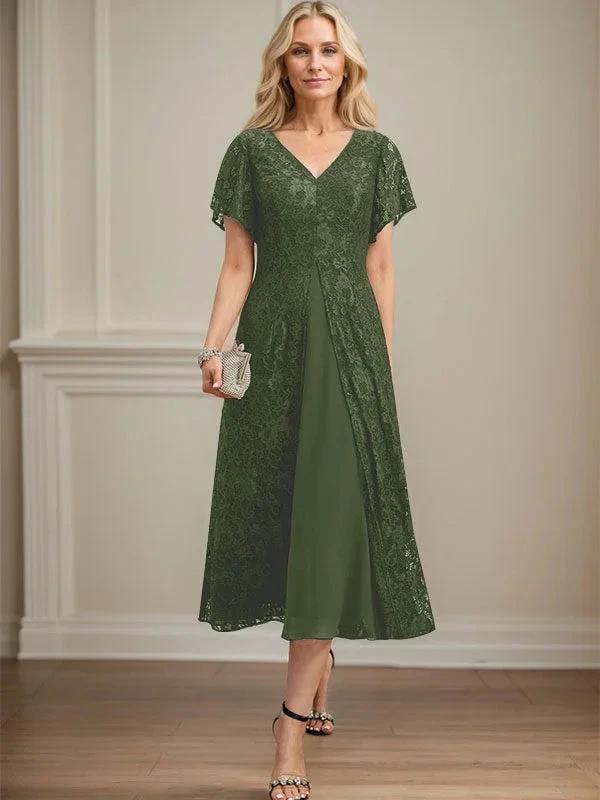 A-line V-Neck Tea-Length Lace Chiffon Mother of the Bride Dress - Image 28