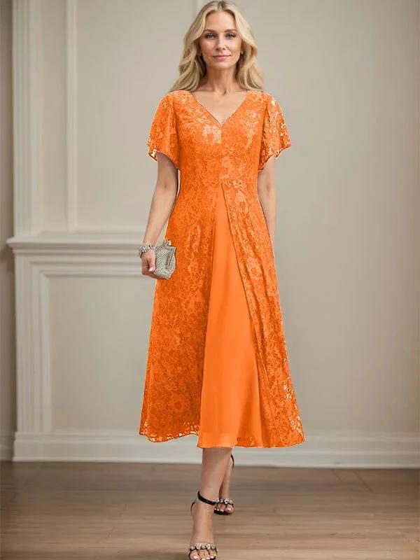 A-line V-Neck Tea-Length Lace Chiffon Mother of the Bride Dress - Image 29
