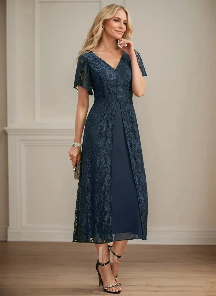 A-line V-Neck Tea-Length Lace Chiffon Mother of the Bride Dress - Image 3