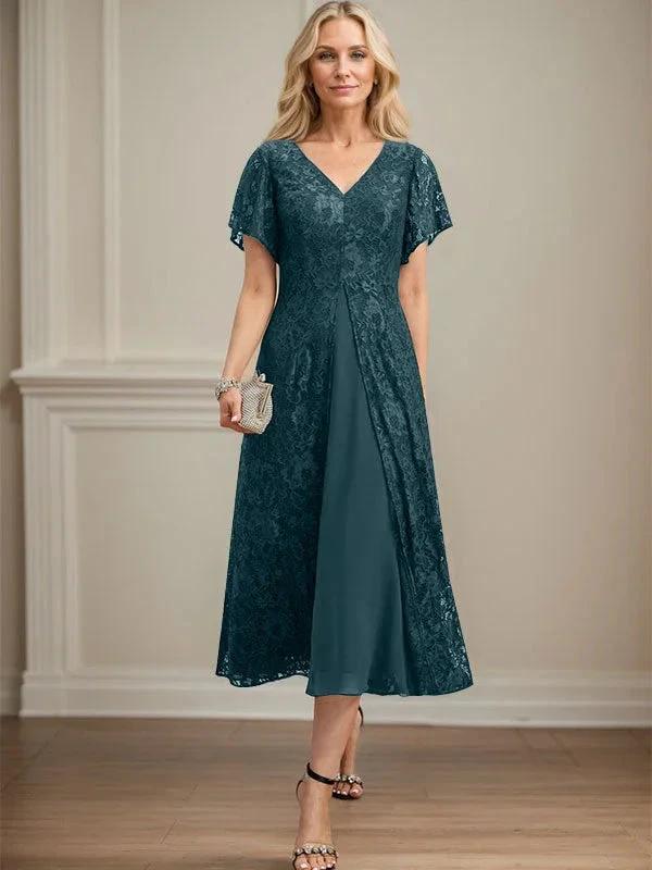 A-line V-Neck Tea-Length Lace Chiffon Mother of the Bride Dress - Image 30