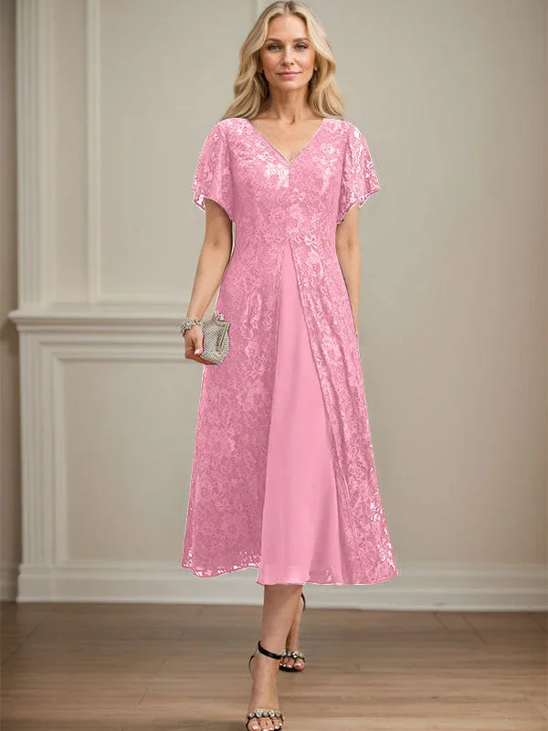 A-line V-Neck Tea-Length Lace Chiffon Mother of the Bride Dress - Image 31