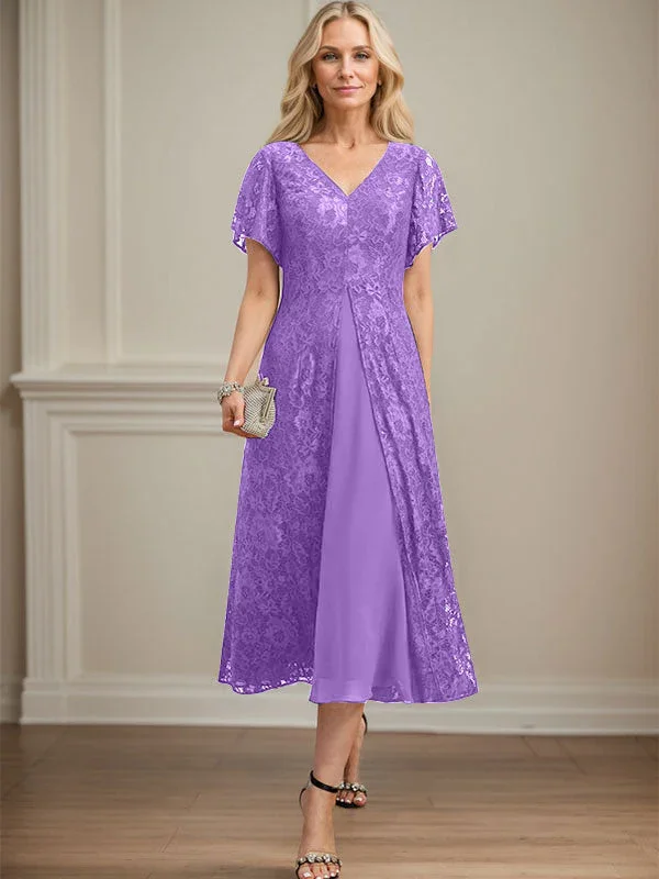 A-line V-Neck Tea-Length Lace Chiffon Mother of the Bride Dress - Image 32