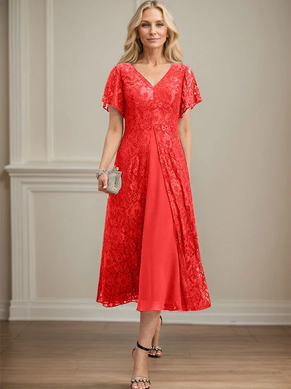 A-line V-Neck Tea-Length Lace Chiffon Mother of the Bride Dress - Image 33