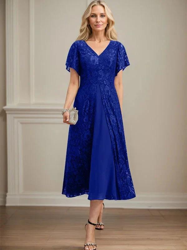 A-line V-Neck Tea-Length Lace Chiffon Mother of the Bride Dress - Image 34