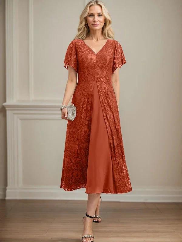 A-line V-Neck Tea-Length Lace Chiffon Mother of the Bride Dress - Image 35