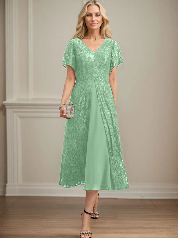 A-line V-Neck Tea-Length Lace Chiffon Mother of the Bride Dress - Image 36