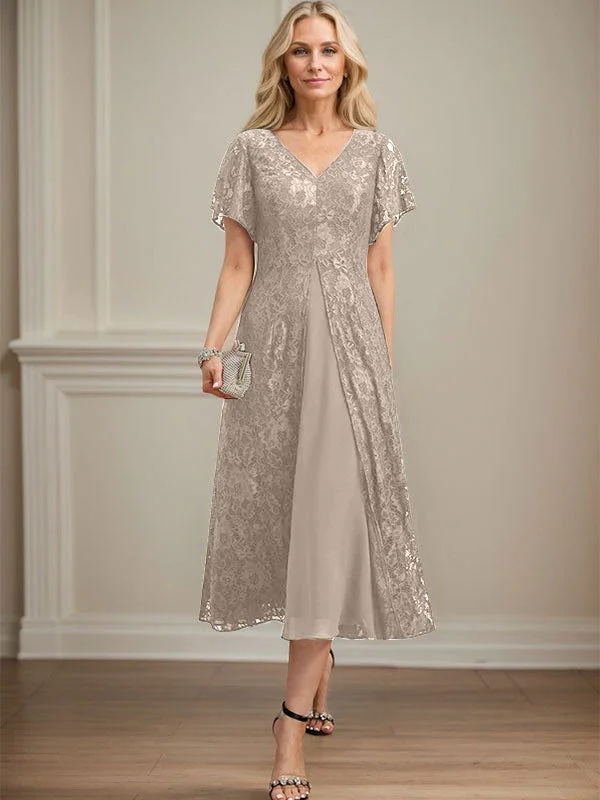 A-line V-Neck Tea-Length Lace Chiffon Mother of the Bride Dress - Image 37