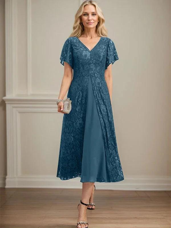 A-line V-Neck Tea-Length Lace Chiffon Mother of the Bride Dress - Image 38