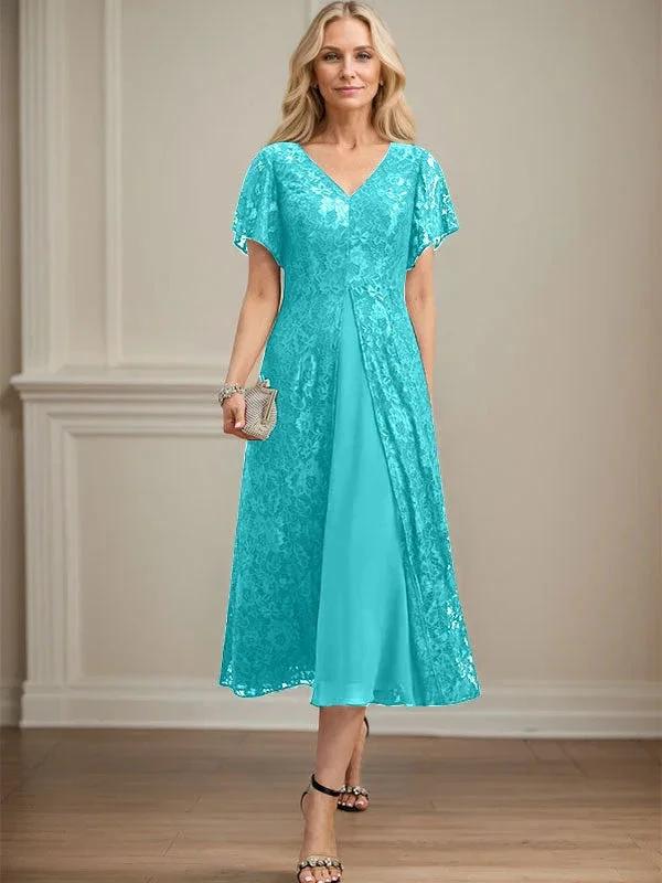 A-line V-Neck Tea-Length Lace Chiffon Mother of the Bride Dress - Image 39