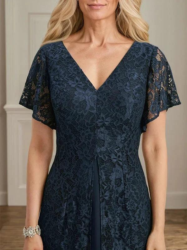 A-line V-Neck Tea-Length Lace Chiffon Mother of the Bride Dress - Image 4
