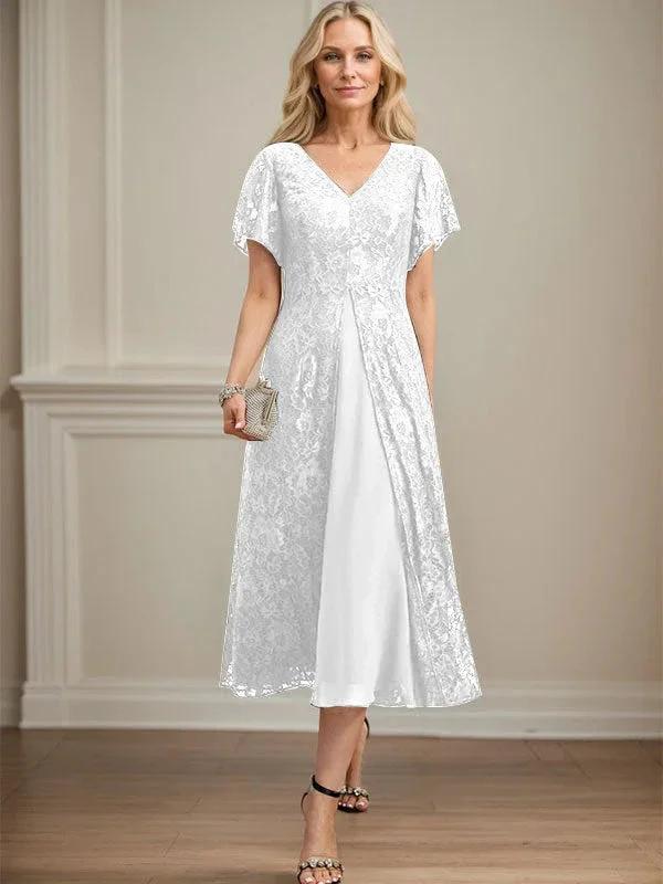 A-line V-Neck Tea-Length Lace Chiffon Mother of the Bride Dress - Image 40