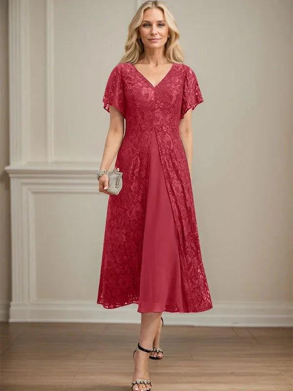 A-line V-Neck Tea-Length Lace Chiffon Mother of the Bride Dress - Image 41