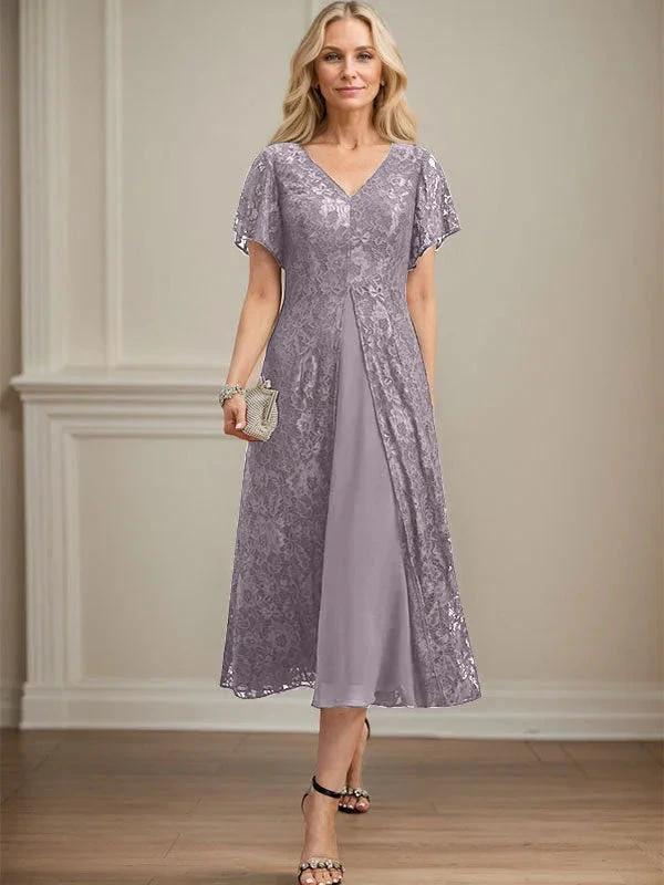 A-line V-Neck Tea-Length Lace Chiffon Mother of the Bride Dress - Image 42