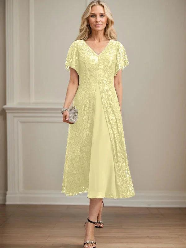 A-line V-Neck Tea-Length Lace Chiffon Mother of the Bride Dress - Image 43