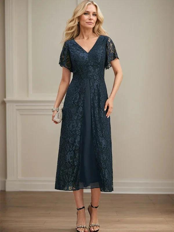 A-line V-Neck Tea-Length Lace Chiffon Mother of the Bride Dress - Image 5