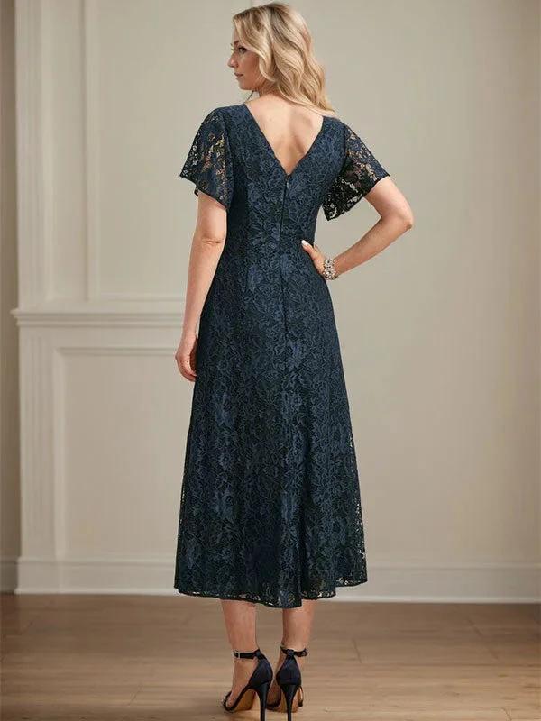 A-line V-Neck Tea-Length Lace Chiffon Mother of the Bride Dress - Image 6