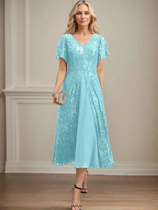 A-line V-Neck Tea-Length Lace Chiffon Mother of the Bride Dress - Image 8