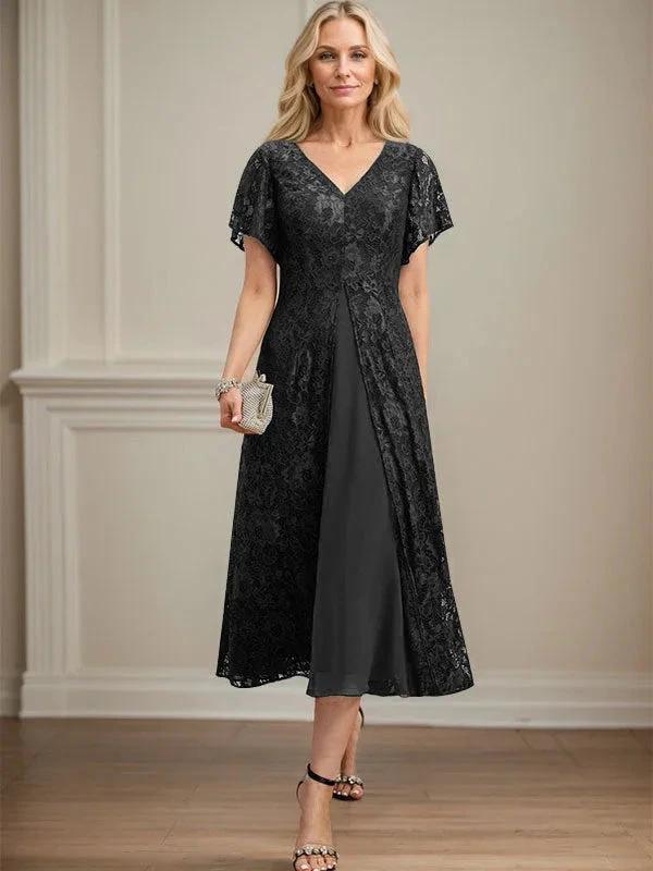 A-line V-Neck Tea-Length Lace Chiffon Mother of the Bride Dress - Image 9