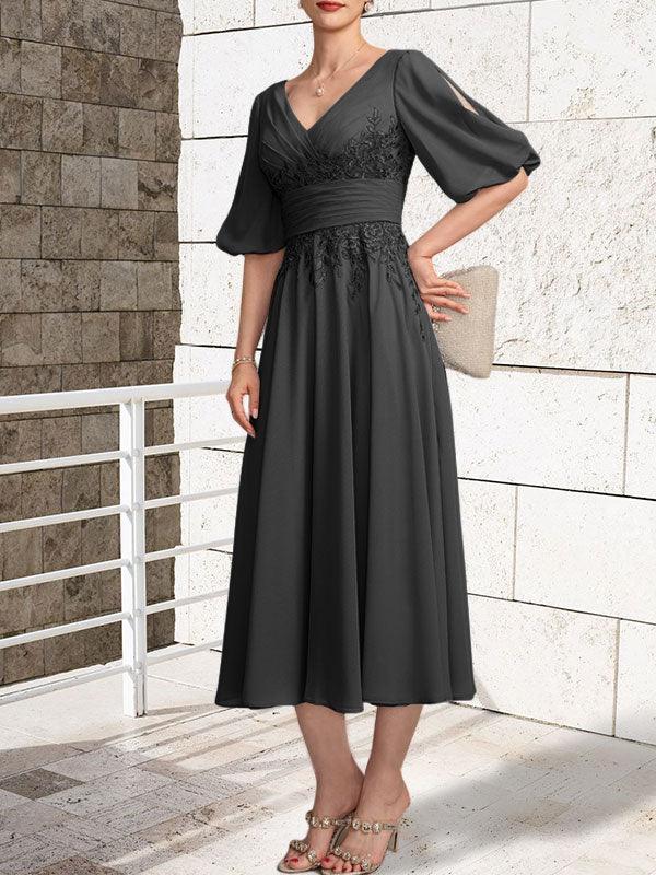 A-line V-Neck Tea-Length Lace Chiffon Mother of the Bride Dress With Pleated - Image 10
