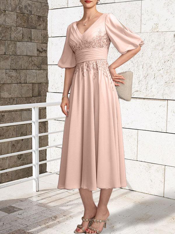 A-line V-Neck Tea-Length Lace Chiffon Mother of the Bride Dress With Pleated - Image 12