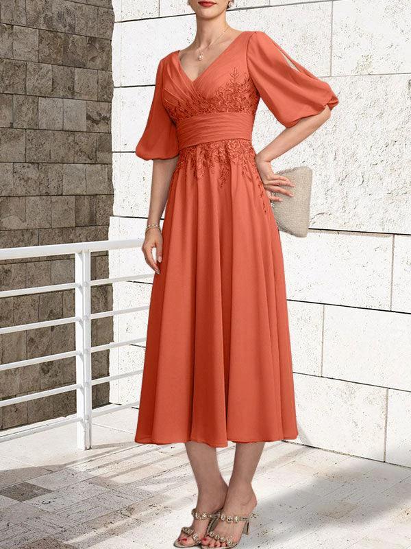 A-line V-Neck Tea-Length Lace Chiffon Mother of the Bride Dress With Pleated - Image 13