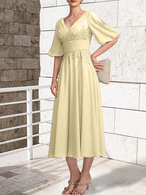 A-line V-Neck Tea-Length Lace Chiffon Mother of the Bride Dress With Pleated - Image 14
