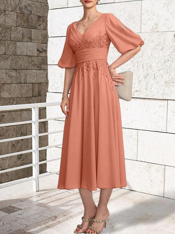 A-line V-Neck Tea-Length Lace Chiffon Mother of the Bride Dress With Pleated - Image 15
