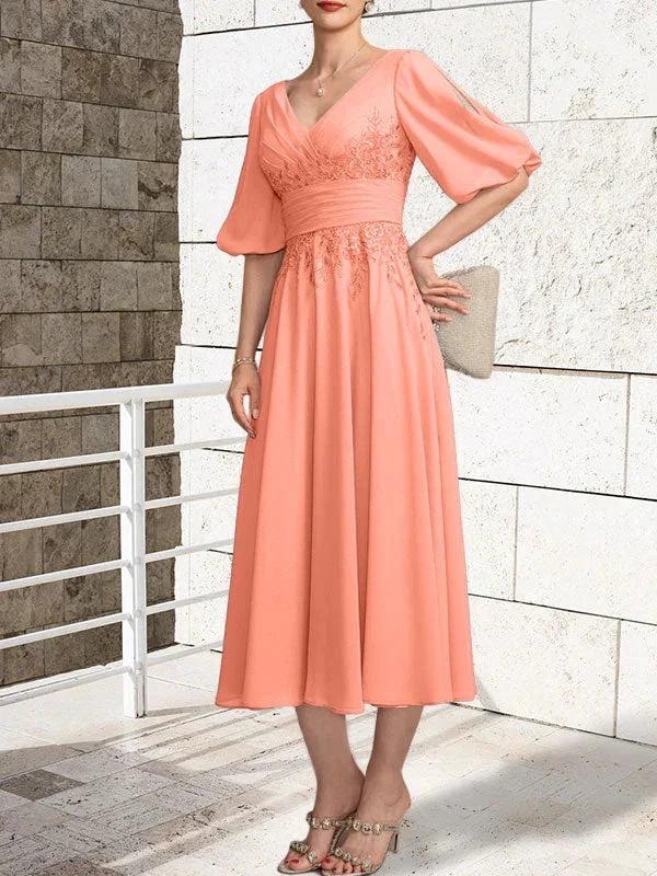 A-line V-Neck Tea-Length Lace Chiffon Mother of the Bride Dress With Pleated - Image 16