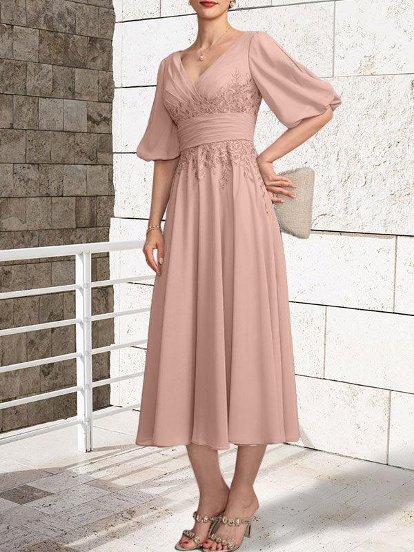 A-line V-Neck Tea-Length Lace Chiffon Mother of the Bride Dress With Pleated - Image 17