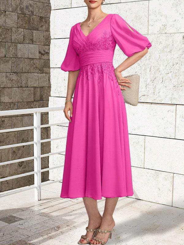 A-line V-Neck Tea-Length Lace Chiffon Mother of the Bride Dress With Pleated - Image 18