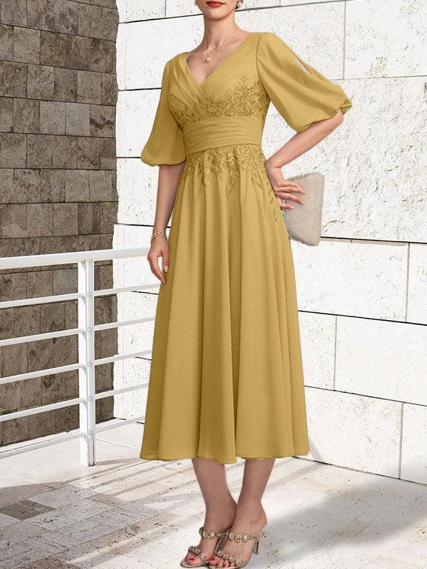 A-line V-Neck Tea-Length Lace Chiffon Mother of the Bride Dress With Pleated - Image 19